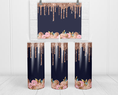 Rose Gold Drip with Floral 20 oz insulated tumbler with lid and straw