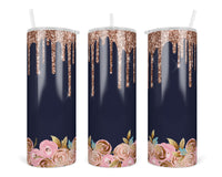 Rose Gold Drip with Floral 20 oz insulated tumbler with lid and straw - Sew Lucky Embroidery