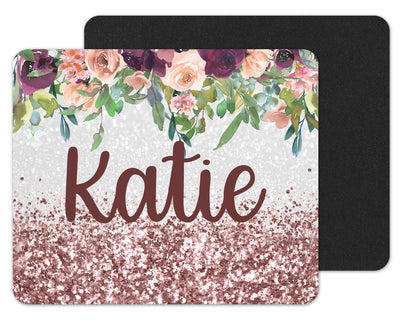 Rose Gold Glitter Floral Personalized Mouse Pad