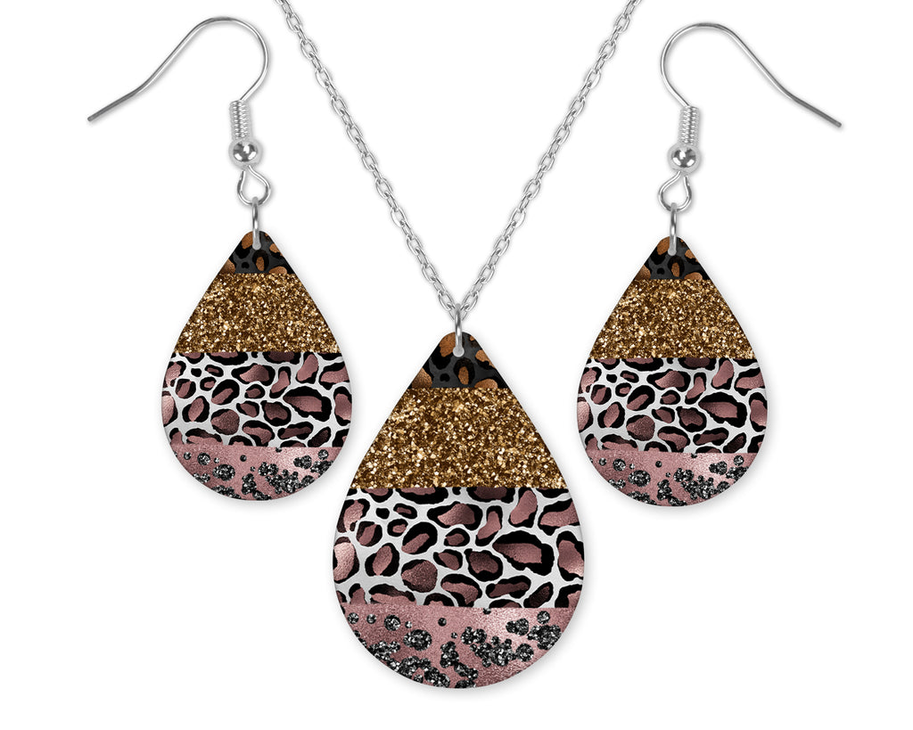 Rose Gold Leopard Teardrop Earrings and Necklace Set - Sew Lucky Embroidery