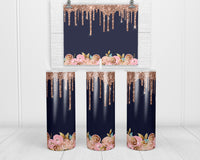 Rose Gold Drip with Floral 20 oz insulated tumbler with lid and straw - Sew Lucky Embroidery