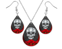 Roses with Diamond Skull Teardrop Earrings and Necklace Set - Sew Lucky Embroidery