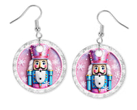Round Nutcracker Silver with Snowflakes Christmas Earrings - Sew Lucky Embroidery