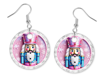 Round Nutcracker Silver with Snowflakes Christmas Earrings