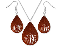 Rustic Leather Design Monogrammed Teardrop Earrings and Necklace Set - Sew Lucky Embroidery