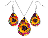 Sunflower Teardrop Earrings and Necklace Set - Sew Lucky Embroidery