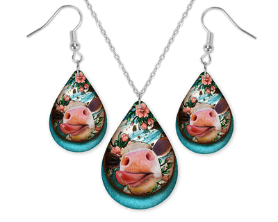 Silly Floral Cow Teardrop Earrings and Necklace Set