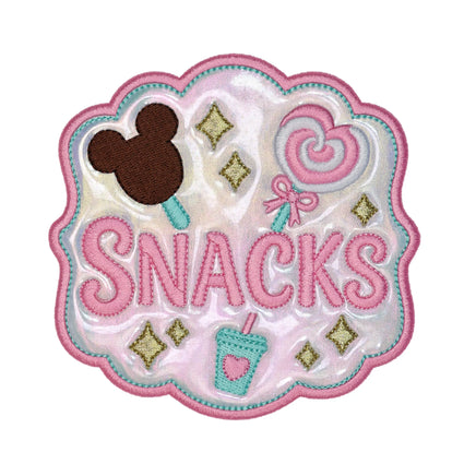 snacks embroidered patch with iridescent fabric and holographic vinyl overlay, theme park snack bag patch with ice cream lollipop and drink
