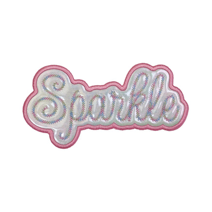 sparkle embroidered patch with iridescent fabric and holographic overlay, colorful script patch for jackets backpacks and bags
