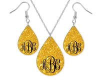 Sparkly Gold Glitter Monogrammed Teardrop Earrings and Necklace Set - Sew Lucky Embroidery