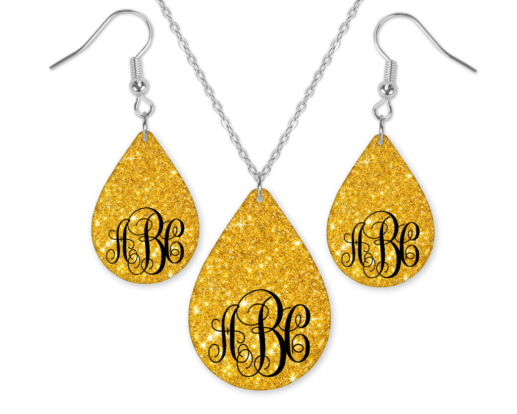 Sparkly Gold Glitter Monogrammed Teardrop Earrings and Necklace Set - Sew Lucky Embroidery