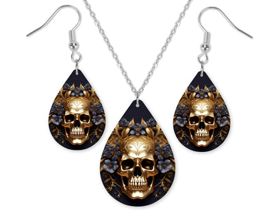 Spooky Golden Skull Earrings and Necklace Set