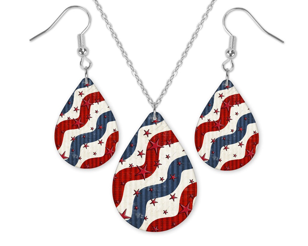 Squiggles Flag with Stars Teardrop Earrings and Necklace Set - Sew Lucky Embroidery