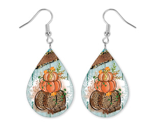 Wood Stacked Pumpkins with Leopard Print Teardrop Earrings - Sew Lucky Embroidery