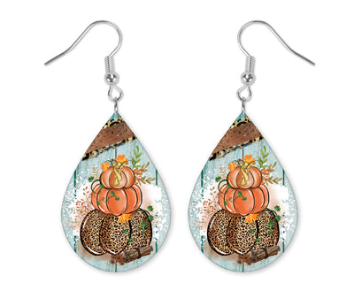 Wood Stacked Pumpkins with Leopard Print Teardrop Earrings