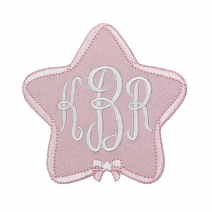 Light pink star monogram embroidered patch with custom initials and tiny bow detail, personalized patch for backpacks baby blankets jackets nursery decor and sewing projects