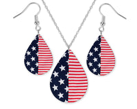 Stars and Stripes Teardrop Earrings and Necklace Set - Sew Lucky Embroidery