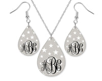 Stars Monogrammed Teardrop Earrings and Necklace Set - Sew Lucky Embroidery