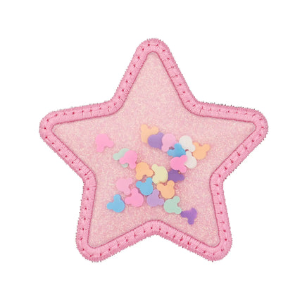 pink star shaker embroidered patch with colorful mouse confetti pieces inside, cute theme park patch for jackets backpacks and hats

