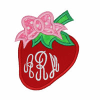 Personalized strawberry bow monogram embroidered patch with red fabric, green leaves and pink coquette bow, custom summer patch for dresses baskets backpacks baby items and sewing projects