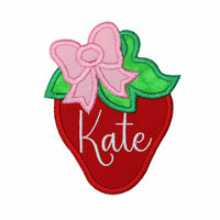 Personalized strawberry bow embroidered name patch with red fabric, green leaves and pink coquette bow, custom patch for summer dresses baskets birthday banners baby items and sewing projects
