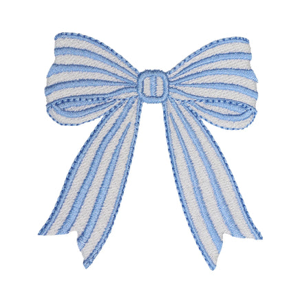 blue and white striped bow embroidered patch with soft coquette style design
