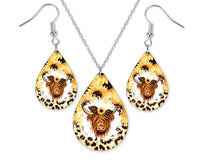 Sunflower and Leopard Highland Cow Teardrop Earrings and Necklace Set - Sew Lucky Embroidery