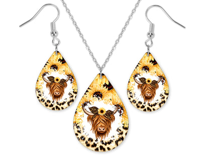 Sunflower and Leopard Highland Cow Teardrop Earrings and Necklace Set