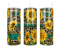 Sunflower and Leopard Mix 20 oz insulated tumbler with lid and straw - Sew Lucky Embroidery