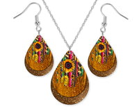 Sunflowers and Glitter Teardrop Earrings and Necklace Set - Sew Lucky Embroidery