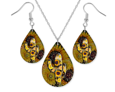 Sunflower Cactus Teardrop Earrings and Necklace Set