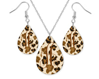 Tan Cheetah Monogrammed Teardrop Earrings and Necklace Set - Sew Lucky Embroidery