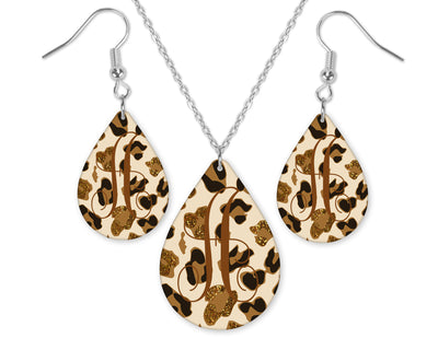 Tan Cheetah Monogrammed Teardrop Earrings and Necklace Set