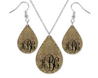 Tan Floral Damask Monogrammed Teardrop Earrings and Necklace Set - Sew Lucky Embroidery