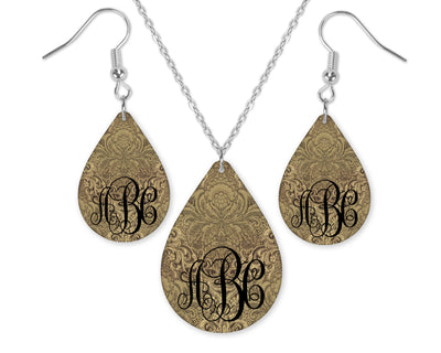 Tan Floral Damask Monogrammed Teardrop Earrings and Necklace Set