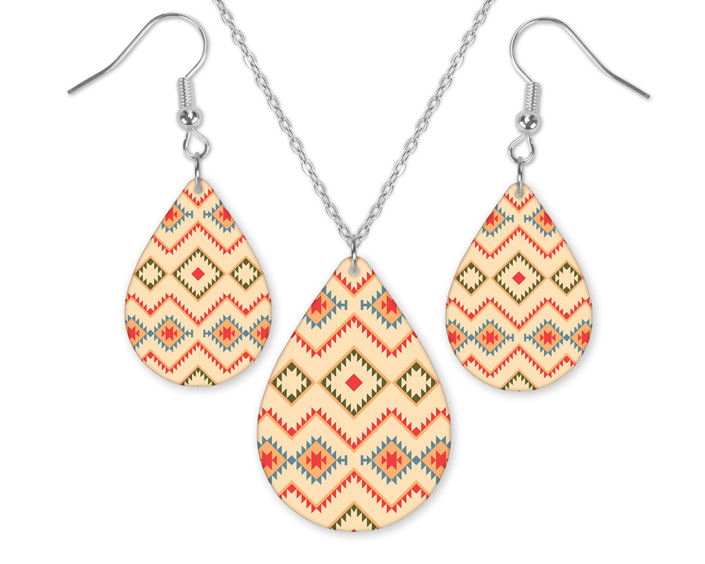 Tan Tile Teardrop Earrings and Necklace Set - Sew Lucky Embroidery