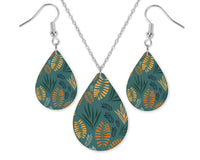 Teal Background with Leaves Teardrop Earrings and Necklace Set - Sew Lucky Embroidery