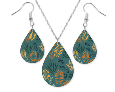 Teal Background with Leaves Teardrop Earrings and Necklace Set