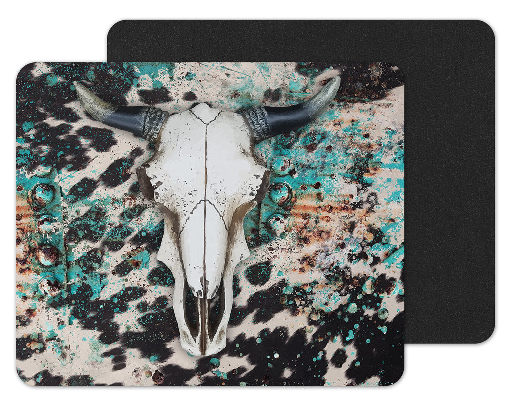 Teal Cow Print Bull Skull Mouse Pad - Sew Lucky Embroidery