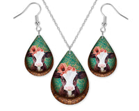 Teal Floral Calf Teardrop Earrings and Necklace Set - Sew Lucky Embroidery
