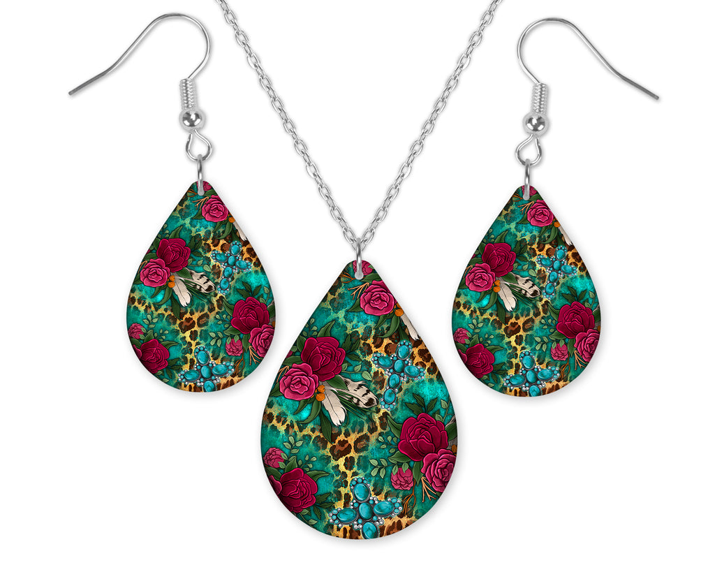 Teal Leopard Floral Teardrop Earrings and Necklace Set - Sew Lucky Embroidery