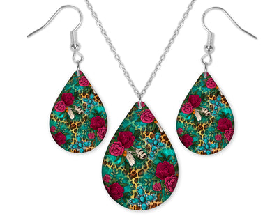 Teal Leopard Floral Teardrop Earrings and Necklace Set