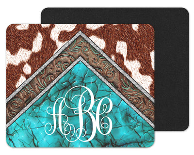Teal Stone and Cow Hide Personalized Mouse Pad