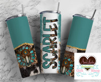 Teal Bull Skull Personalized 20oz Insulated Tumbler with Lid and Straw - Sew Lucky Embroidery