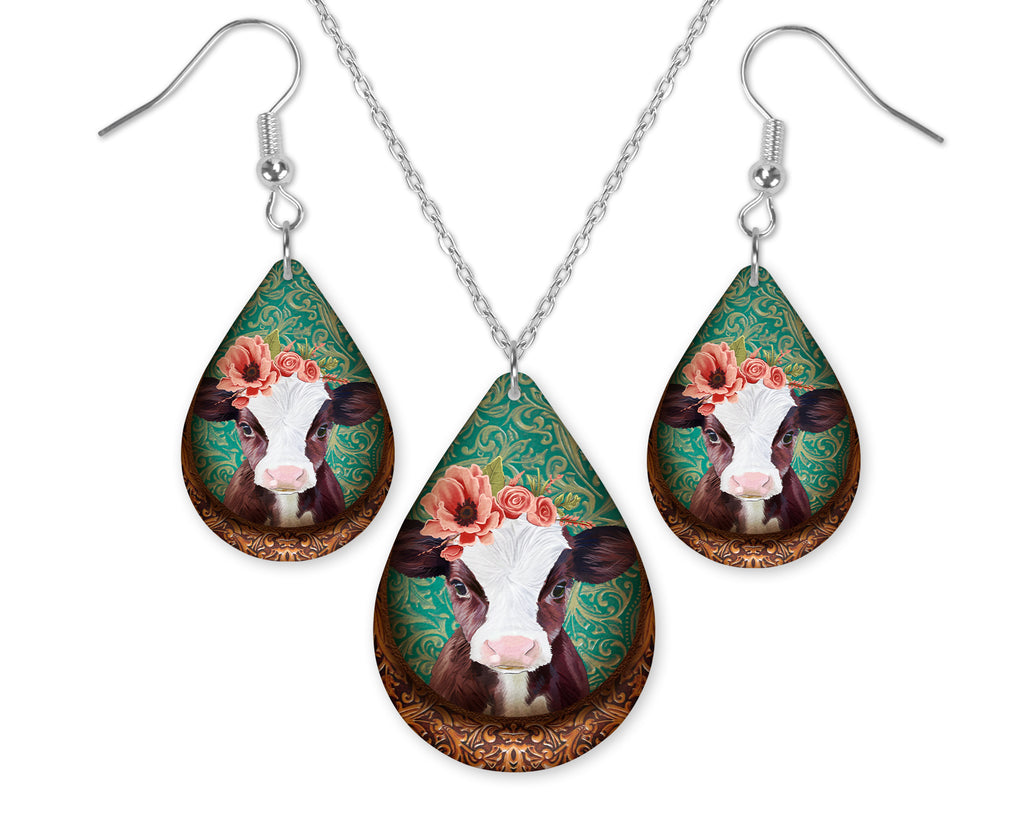 Teal Floral Calf Teardrop Earrings and Necklace Set - Sew Lucky Embroidery