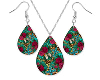 Teal Leopard Floral Teardrop Earrings and Necklace Set - Sew Lucky Embroidery