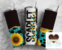 Teal Leopard and Sunflowers Personalized 20oz Insulated Tumbler with Lid and Straw - Sew Lucky Embroidery