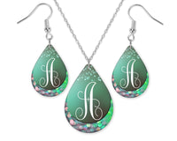 Teal Bokeh Monogrammed Teardrop Earrings and Necklace Set - Sew Lucky Embroidery