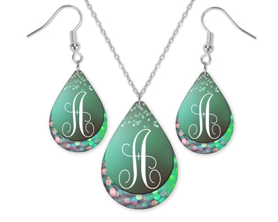 Teal Bokeh Monogrammed Teardrop Earrings and Necklace Set