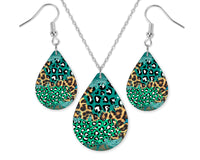 Teal and Green Cheetah Teardrop Earrings and Necklace Set - Sew Lucky Embroidery